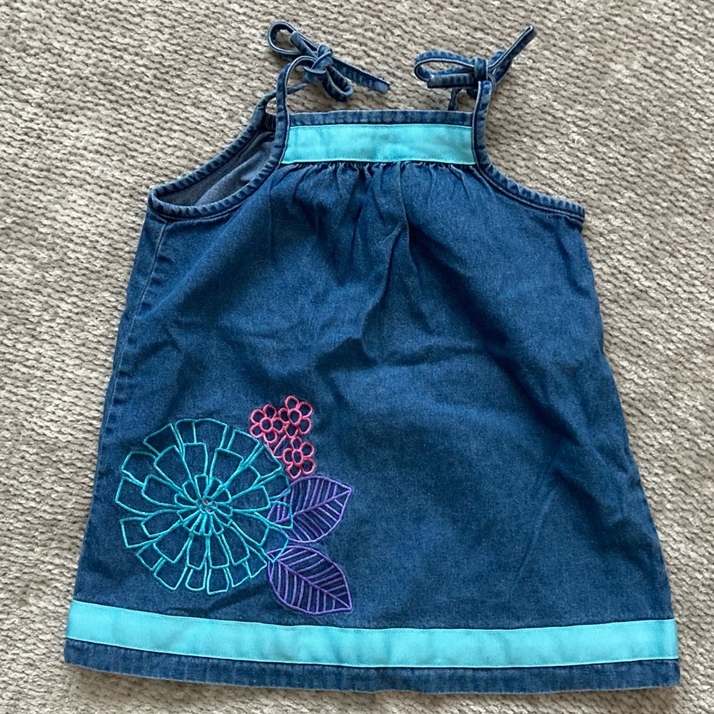 Hanna Andersson Denim Embroidered Floral Dress 18-24M Tie Strap Blue